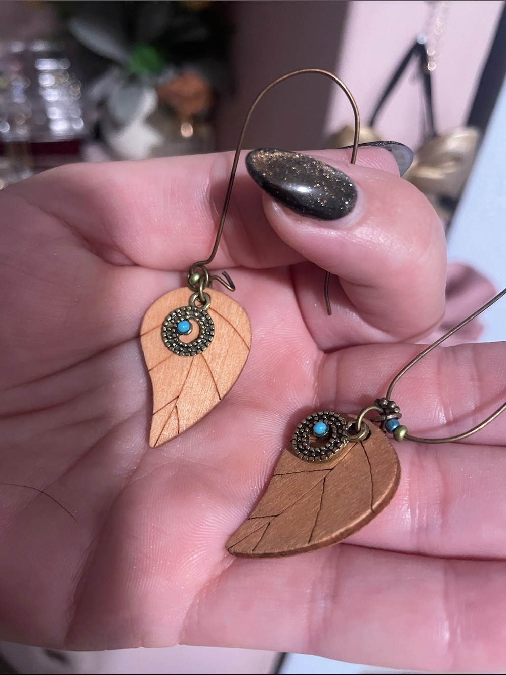 Leaf Drop Earrings with Turquoise Accent in Tan